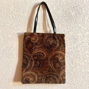 Chico’s Brown Paisley Sparkle Embelished Tote Bag with Black Leather Straps